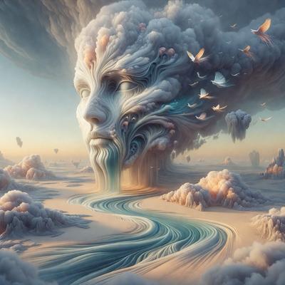 The primary subject of the image is a surreal, artistic depiction of a face with a flowing river of water coming out of it. The face is surrounded by a cloudy sky, and the water appears to be flowing out of the face as if it's a fountain. The setting is a dreamy, imaginative landscape, and the visual style is a combination of digital art and illustration. The colors and mood of the image are predominantly blue and white, creating a serene and cal